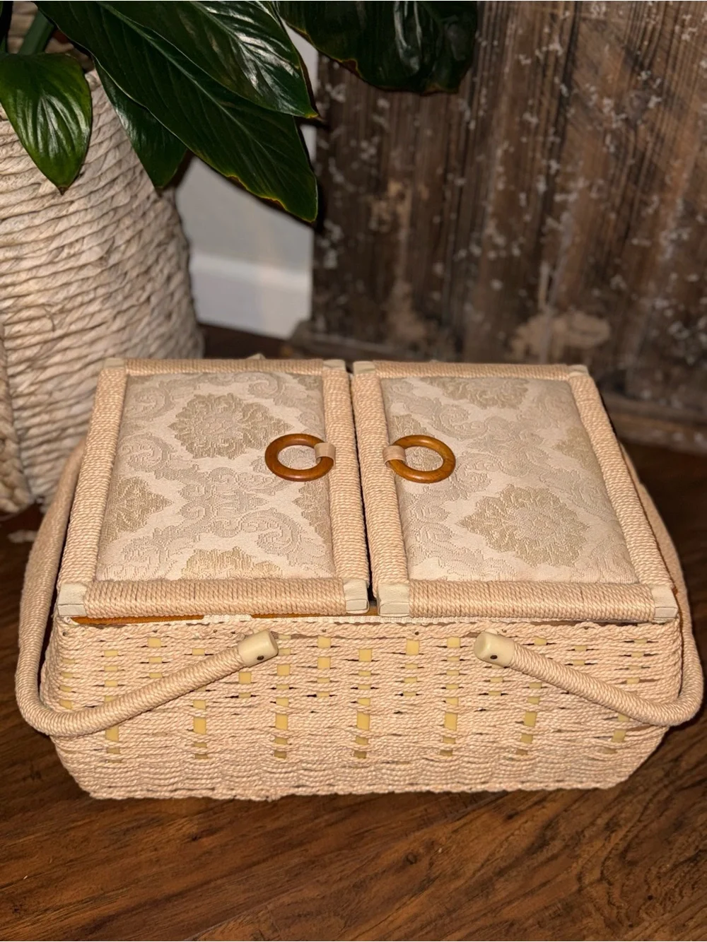 Vintage Woven Wicker Sewing Basket With Dual/Hinged Lid And Cream Tapestry Top